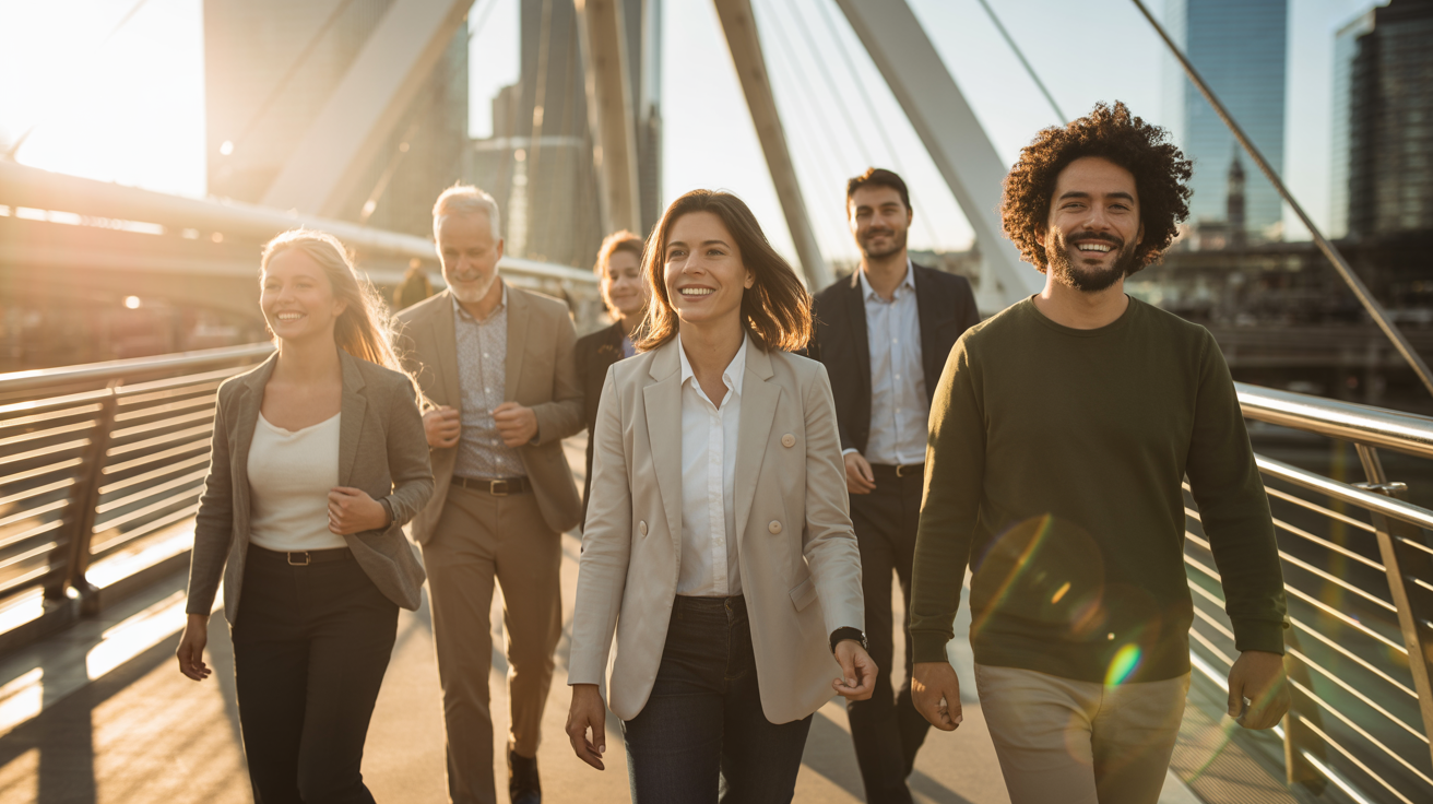 Diverse group of people walking confidently together on a modern urban pathway in golden morning light — unity and possibility