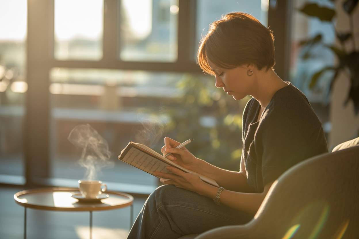 Person writing in a notebook at a bright window seat with coffee — personal growth and self-discovery