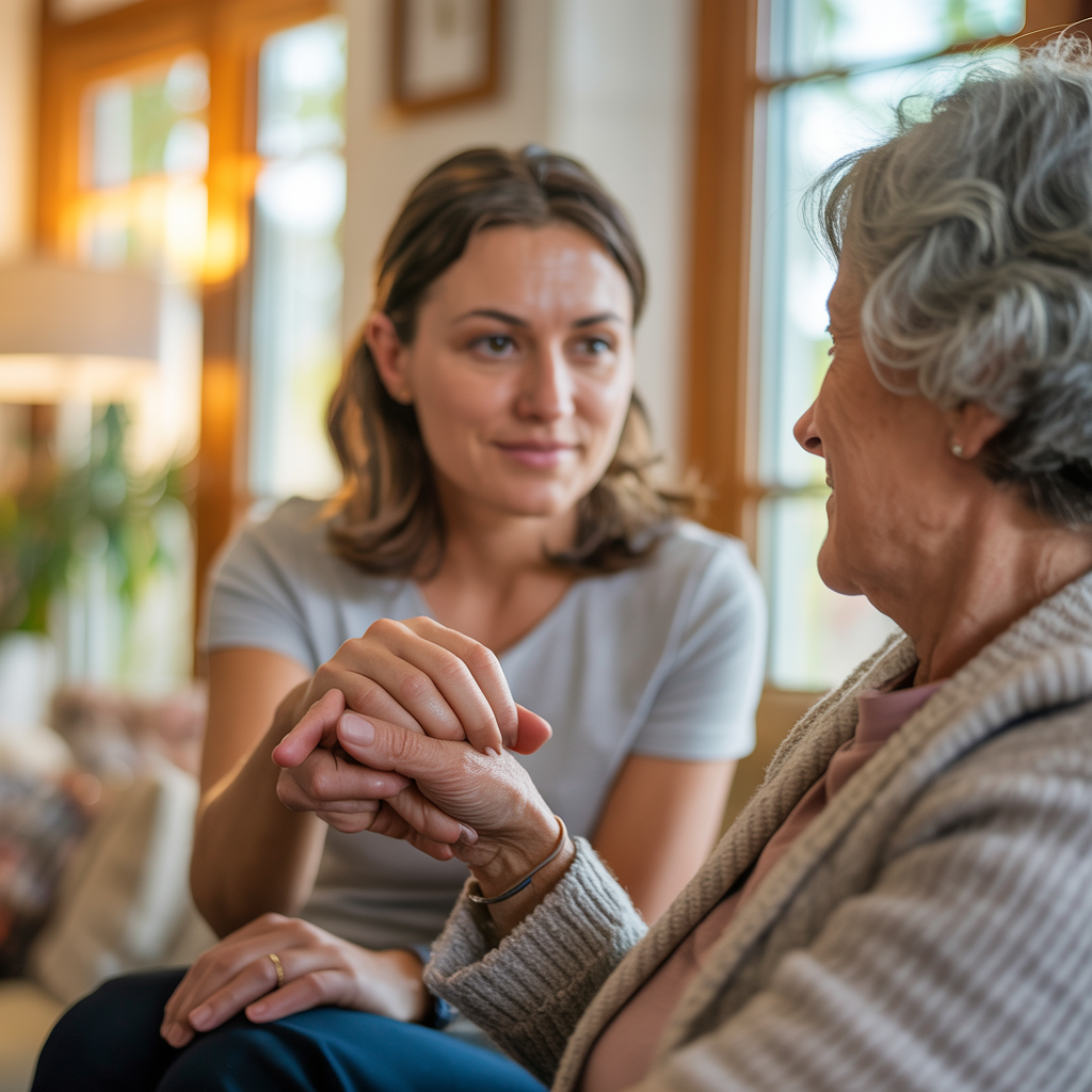 Compassionate caregiver holding the hand of an elderly person, professional skills from caring