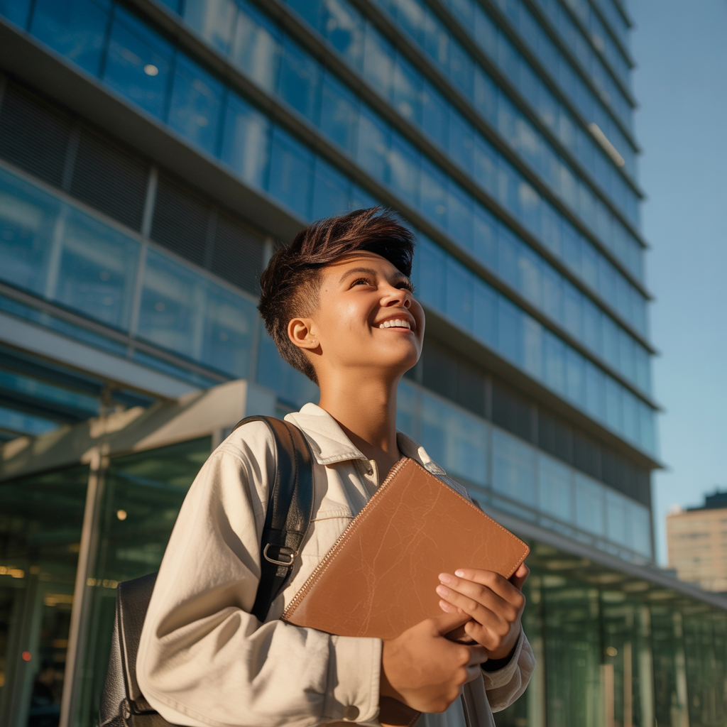 Optimistic young person standing outside a modern building, looking ahead with anticipation