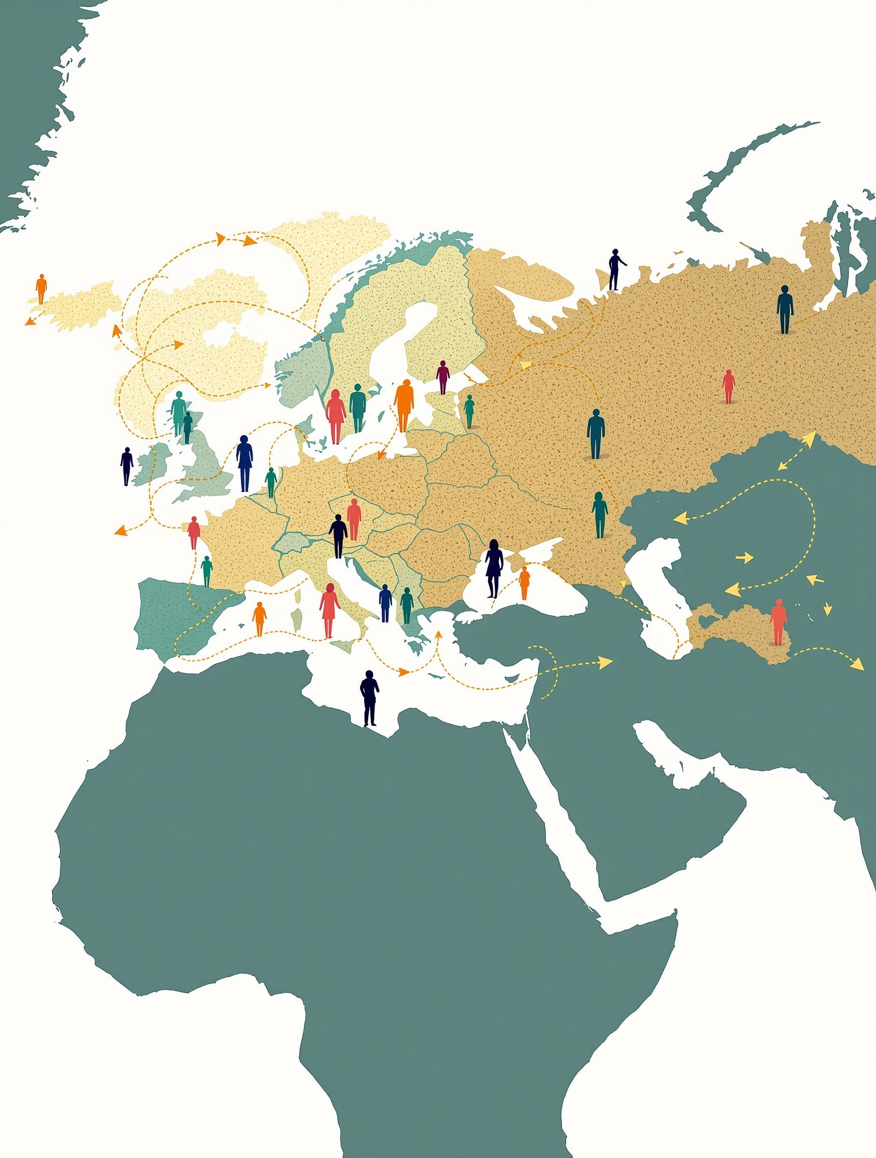 World map illustration with arrows from different continents pointing towards Europe, representing international professionals relocating