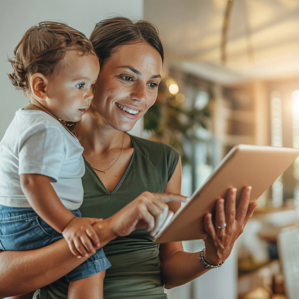Smiling parent confidently multitasking with a child and tablet, showcasing transferable professional skills