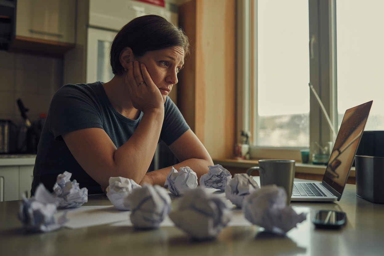 Person sitting at a kitchen table surrounded by crumpled paper, struggling with traditional CVs